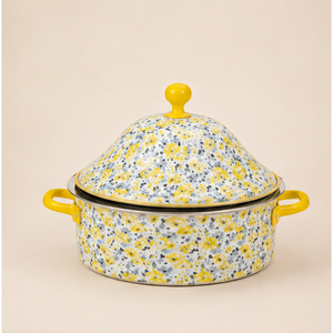 Casserole classique jaune à motifs floraux en émail, pot isotherme à double paroi en acier inoxydable, chauffe-plat vintage à motifs floraux pour la restauration - Product Image 5