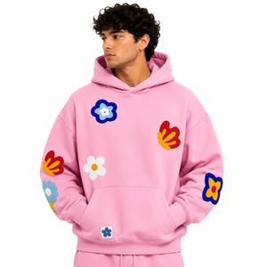Sudadera con Capucha Extra Grande de Felpa Gruesa con Parche de Chenilla Rosa Bordado, Sudadera para Hombre con Apliques Multicolores, Logotipo Personalizado, Fábrica ODM - Product Image 1
