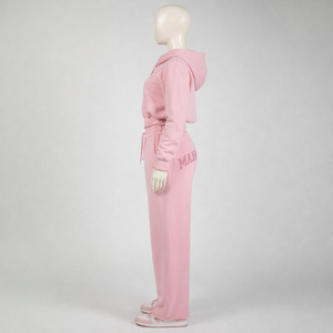 Conjunto de dos piezas de ropa urbana de invierno para mujer: Sudaderas con capucha largas de color rosa con efecto desgastado y lavado ácido, y joggers de corte holgado. - Product Image 4