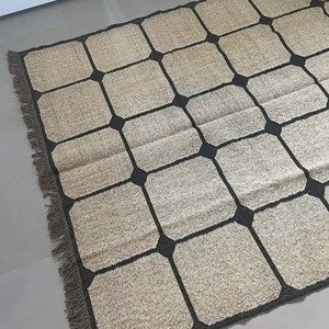 Checkered Wool Jute Area Rug Natural Handmade Woven Geometric Dhurrie Kilim Farmhouse Boho Floor Rug Living Room Bedroom Decor - Product Image 4