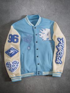 <b>Light</b> Blue Thick Fleece Varsity <b>Jacket</b> Men Preppy Style Embroidered Letter Patch Design Stand Regular Fit Front Winter Wear - Product Image 5