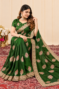 Vexotrend India Pakistan Premium <b>Velvet</b> Satin Traditional Customization <b>Saree</b> Women Embroidery Swarovski Jarkan Wrinkle-Free - Product Image 4