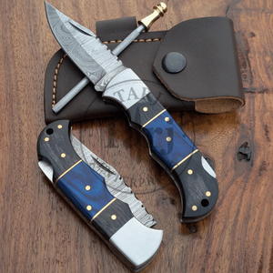 Premium Industrial Grade Damascus Folding Knife Set Fire Starter <b>Kit</b> Outdoor Bushcraft Pocket Knife Leather Pouch 8-Inch 3-Year - Product Image 4