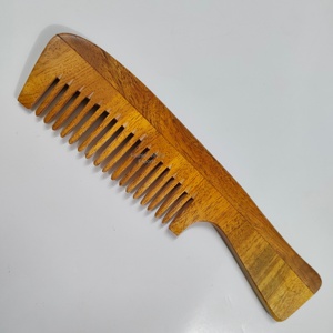 Peine de madera de Neem hecho a mano para peinar el cabello, cepillo de bolsillo de dientes anchos redondos antiestáticos, estilo clásico con mango cómodo - Product Image 1