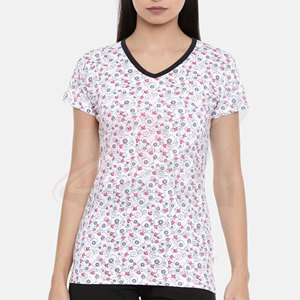 Camiseta de Mujer con Cuello en V, Manga Corta, Estampado Floral, Corte Regular, Informal, Transpirable, de Algodón Tejido, para Primavera/Verano - Product Image 1