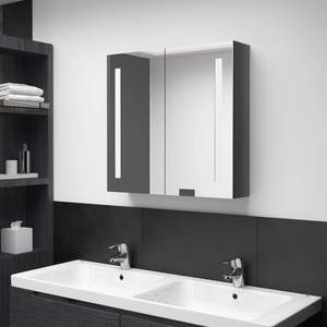 Meuble de salle de bain gris brillant en MDF avec miroir LED, finition mélamine durable et touche élégante en verre - Product Image 1
