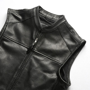Gilet en cuir perforé noir pour homme, col rond, respirant, avec boutons recouverts de maille, bretelles latérales ajustables, ventilé, automne - Product Image 4