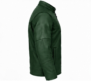 Chaqueta de Cuero Sintético Verde para Hombre, Estilo Motero, Cuello Alto, Cierre de Cremallera, Logotipo Grabado, Estilo Moto, para Otoño - Product Image 4
