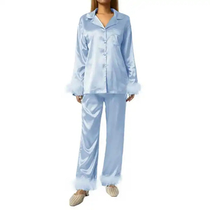 High Quality Customized Women's Sleep Dress Luxury Sleepwear Satin Silk Pajamas Designer Ostrich <b>Feather</b> <b>Cuffs</b> Women Pajamas Set - Product Image 5
