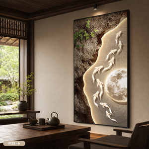Peinture murale en soie de luxe très vendue, décoration intérieure, tissu en soie fait main, motif Koi et Lune, Vietnam OEM ODM Modèle F123 - 6 - Product Image 6