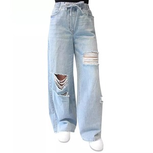 Vaqueros de mezclilla de cintura alta, pierna ancha, rasgados, lavado claro, de algodón, corte holgado, estilo casual de verano, con efecto stonewashed - Product Image 3