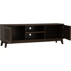 Mid Century Modern TV Stand with Slatted Doors Dark <b>Walnut</b> Entertainment Center Open Shelving Living Room Furniture <b>Cabinet</b> - Product Image 2