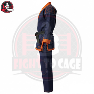 Bon Fournisseur – Tenue d'arts martiaux BJJ personnalisée, légère et respirante, avec imprimé contrastant bleu marine et bordure orange de sécurité - Product Image 3