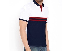 Chemise décontractée pour homme en coton tricoté blanc et bleu marine, design uni, avec fermeture éclair, respirante - Product Image 3