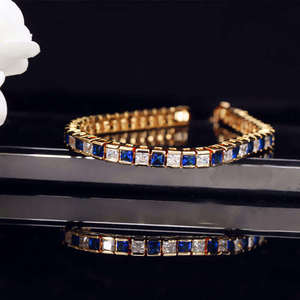 Pulsera de Moissanita Azul con Corte Brillante Redondo, Chapada en Oro de 18k, Estilo Hip Hop, Patrón Geométrico, Joyería Fina - Product Image 4