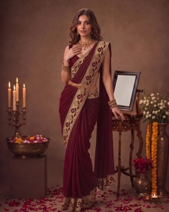 KV Women's Printed Bollywood for Blend Chiffon Border <b>Saree</b> (<b>Maroon</b>) Reversible Quick Dry Wrinkle Free - Product Image 3