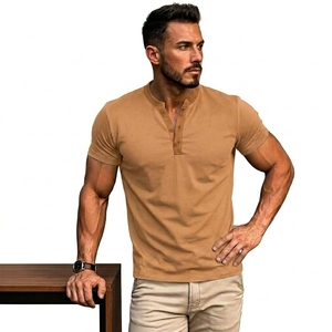Camiseta Henley Premium de Estilo Urbano para Hombre, Mezcla de Algodón y Felpa, Cuello en V, Manga Corta, Ecológica, Informal - Product Image 4