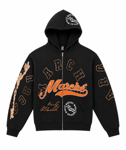 Sudadera Urbana Oscura con Texto Gráfico Atrevido y Arte en las Mangas, Moda Urbana Moderna, Corte Cómodo y Relajado, Sudadera para Uso Diario - Product Image 1