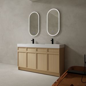 Mobile bagno freestanding bianco da 60 pollici con doppio lavabo in resina e 4 ante con chiusura ammortizzata, imballaggio KD - Product Image 2