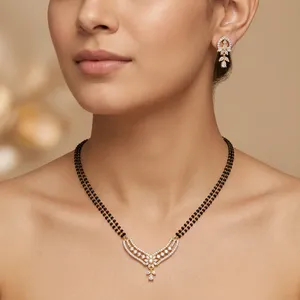 Collier en zircone cubique en gros pour femmes, plaqué or, perles noires, bijoux de mariage indiens pour mariée - Product Image 2