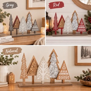 Décoration de table rustique de Noël en bois nordique, avec signe forêt de sapins, en liège et métal, figurine de Noël à poser - Product Image 3