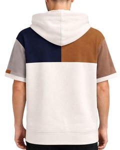 Camiseta con Capucha Personalizada para Hombre, Manga Corta, Bloques de Color Blanco, Azul Marino y Marrón, Sudadera Informal con Bolsillo, Algodón Suave - Product Image 2