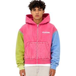 Sudadera con capucha rosa de bloque de color con lavado ácido personalizado, de forro polar grueso, con cremallera completa, mangas desmontables, convertible, estilo streetwear, corte crop y boxy - Product Image 1