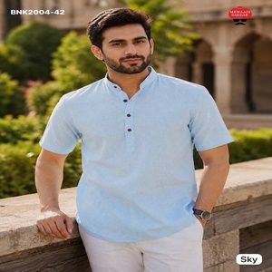 High Quality Khadi Linen with Solid & Half Sleeve Mandarin Collar & Side Slit <b>Man's</b> Short <b>Kurta</b> Collection Supplier from Surat - Product Image 1