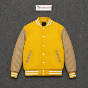 Premium <b>Yellow</b> <b>Wool</b> Varsity Jacket With Beige Leather Sleeves Custom Letterman Baseball Bomber Jacket For Men Women Wholesale Cl - Product Image 5