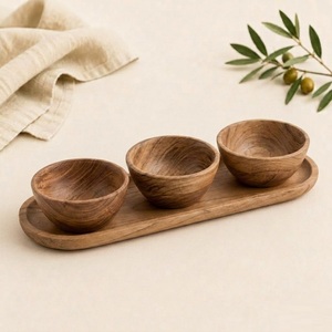 Handmade Eco-Friendly Acacia Wood <b>Condiment</b> Set 3 Round Dipping Bowls with Baguette Serving <b>Tray</b> for Snacks In Lowest Price - Product Image 1
