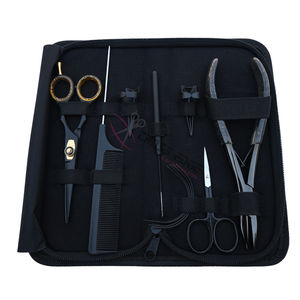 Kit de herramientas para extensiones de cabello de salón con alicates de crimpado plano, gancho de tracción, agujas curvas para extensiones, cortador de hilos y tijeras de peluquería - Product Image 1