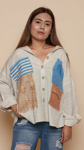 Women’s Designer Bohemian Linen <b>Patchwork</b> Button Down <b>Shirt</b>, Long Sleeve Loose Fit Drop Shoulder Spliced Design Casual Top - Product Image 6
