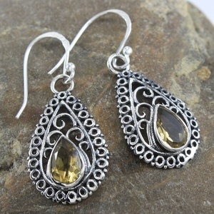 925 Sterling <b>Silver</b> Natural Citrine Birthstone Teardrop <b>Dangle</b> <b>Earrings</b> Vintage Filigree Handmade Gemstone Drop <b>Earrings</b> - Product Image 1