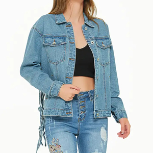Chaqueta vaquera azul lavado para mujer con cordones en la espalda, detalle de ganchillo, manga larga, cuello vuelto, abrigo de primavera con costuras en contraste - Product Image 2