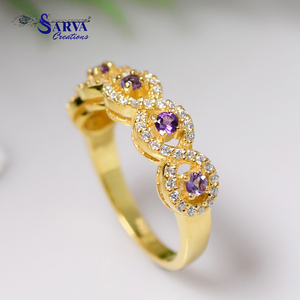 Amethyst Gold Plated Ring 925 Sterling Silver <b>Purple</b> Gemstone Ring with Cubic Zirconia Halo Accents Elegant Vintage Jewelry - Product Image 4
