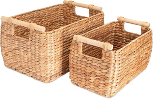 Handmade Modern Bohemian <b>Small</b> Rectangular Storage <b>Basket</b> Woven Wood Trunk Water Hyacinth <b>Handles</b> Multifunctional Home Organiser - Product Image 1