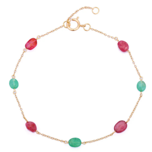 18K <b>Ruby</b> and Emerald Beads Stackable <b>Bracelet</b>-Fine Chain & Link - Product Image 1