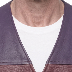 Gilet en cuir véritable pour homme, col en V, blocs de couleur, fermeture éclair, style moto, vêtement d'extérieur pour l'automne, respirant, écologique - Product Image 3