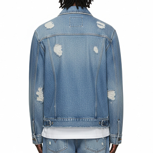 แจ็คเก็ตยีนส์คุณภาพสูงแบบซิป ตัดเย็บแบบขาดๆ ขอบดิบ ล้างสีอ่อน คอปกพับได้ ทรงครอปท็อป สไตล์ฮิปฮอป สำหรับผู้ชาย - Product Image 3