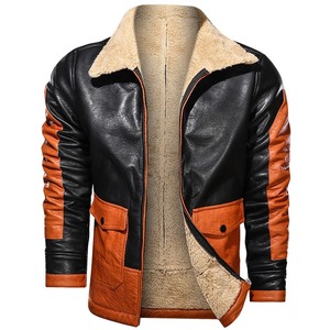 Veste en cuir pour homme, noire et orange, à blocs de couleur, avec doublure, manches longues, coupe-vent, manteau d'hiver - Product Image 1