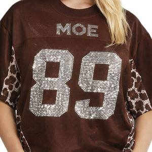 Maillot de football américain surdimensionné pour femme avec strass et numéros, style streetwear hip-hop, empiècements léopard, OEM - Product Image 2