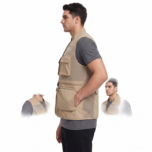 Men's Plain Dyed Sleeveless Stand Collar <b>Utility</b> <b>Vest</b> with Front Zip Closure and Mesh Panel - Product Image 3