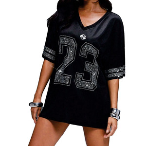 Maillot de football américain de luxe surdimensionné pour femme avec strass, col en V, en maille, streetwear, haut de sport, numéro personnalisé, mode, vente en gros OEM - Product Image 3