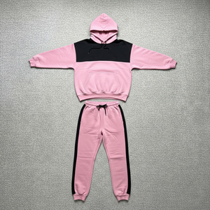 2026 Top Trending Men <b>Pink</b> Color Blocking Hooded <b>Tracksuit</b> Set With Drawstring Pants And Front Logo Print Casual Autumn Wear - Product Image 6