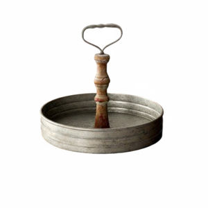 Plateau de service en métal galvanisé avec base en bois et poignées vieillies, style vintage, ovale, pour table basse ou centre de table ottoman - Product Image 6