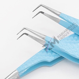 Pinzas RMI más vendidas con punta de fibra en forma de L para volumen, con punta plateada, agarre de diamante rosa, de acero inoxidable, antiestáticas para pestañas - Product Image 6