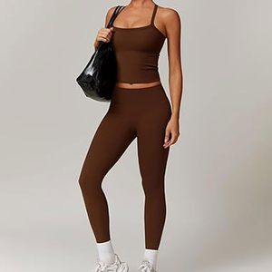 Ensemble de yoga 2 pièces très demandé : débardeurs sans coutures et leggings taille haute pleine longueur, couleur unie, pour le yoga, le fitness et la gym - Product Image 2