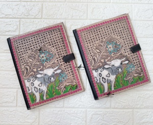 New 2025 Hand Tooled Leather Cow Design Business Planner Portfolios File <b>Folder</b> <b>Document</b> Holder Genuine Leather Snap Padfolios - Product Image 1