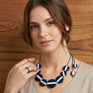 Round Resin Craft Beaded Necklace <b>Navy</b> Blue White Stripe Fashion Statement Jewelry <b>Accessory</b> - Product Image 1