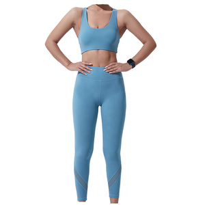 Blue 2 Piece Yoga High Waist Leggings Crop Spandex/Nylon Breathable <b>Lace</b> <b>Elastic</b> Waist Full Length Solid Color - Product Image 1